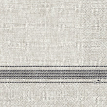 Dreilagige Zelltuchservietten 33 x 33 cm der Duni GmbH in schwarz mit zwei horizontalen dunkelgrauen Streifen im unteren Bereich und einem kleinen "Duni"-Logo im rechten Streifenbereich. Packung mit 50 Stück.