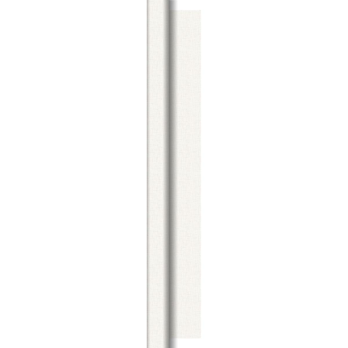 Et nærbillede af en struktureret, lys Dunisilk-dug rulle 1,18 m x 25 m fra Duni GmbH viser en synlig midtersøm med skygge, der fremhæver en subtil foldning eller lagmønster.