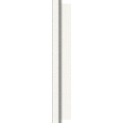 Et nærbillede af en struktureret, lys Dunisilk-dug rulle 1,18 m x 25 m fra Duni GmbH viser en synlig midtersøm med skygge, der fremhæver en subtil foldning eller lagmønster.