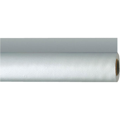 En rulle Duni GmbH Dunisilk-dug ruller (1,18 m x 25 m) med synlig papkerne ligger vandret på en glat overflade - ideel til gastronomi eller særlige lejligheder.