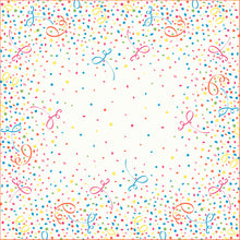 Der Auslaufartikel: Dunicel-Mitteldecken 84 x 84 cm Confetti von Duni GmbH zeigt eine lebendige Bordüre aus buntem Konfetti, Sternen und Wirbeln - ideal für die Tischdekoration mit Rot, Blau, Gelb, Grün und Orange auf strahlendem Weiß. Packung mit 20 Stück.