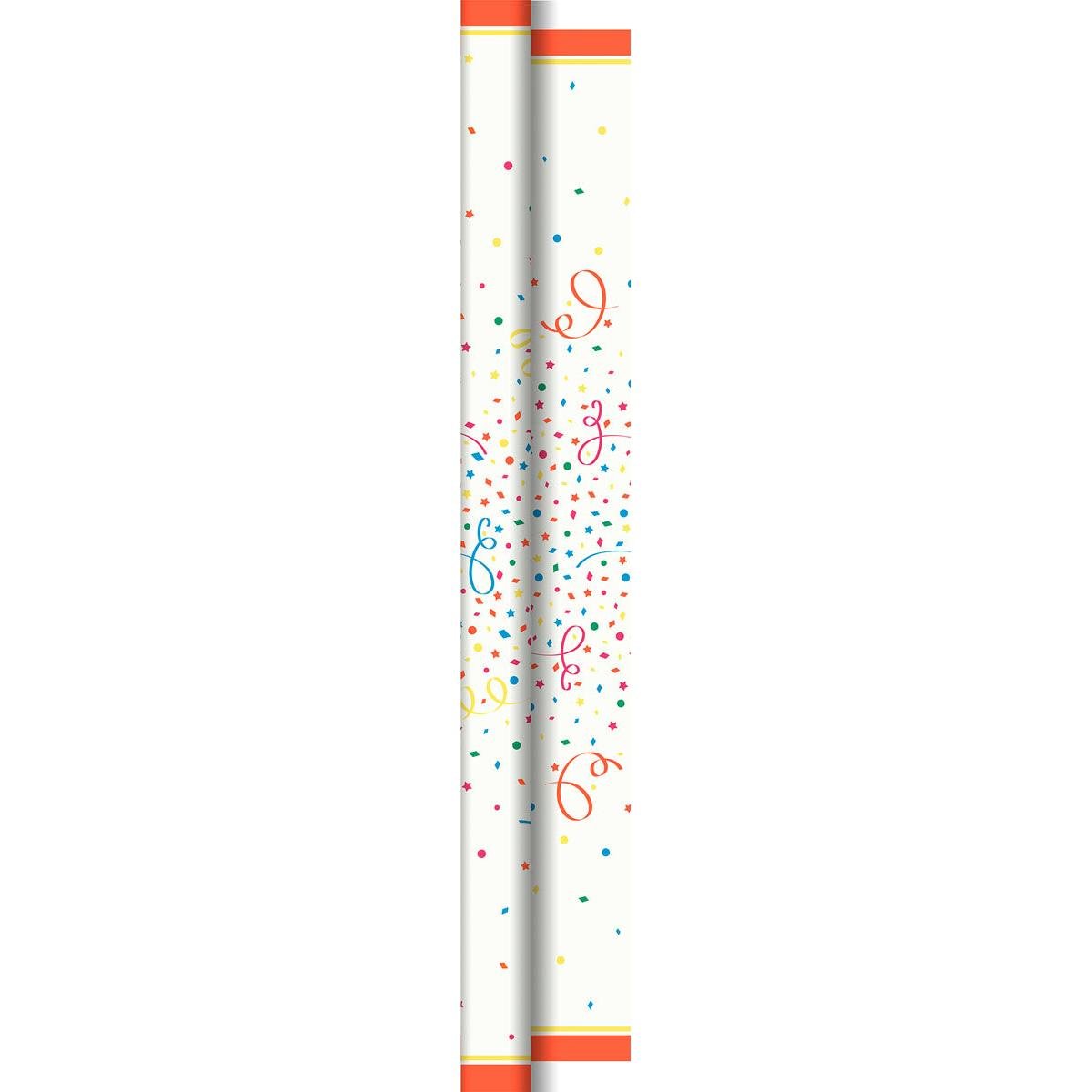 Vertikal billede af Dunicel-borddugrullerne 1,18m x 40 m "Confetti" fra Duni GmbH med farverigt konfetti og serpentiner på hvid baggrund, orange kanter øverst og nederst samt farverige prikker, stjerner og krøller for et festligt look.