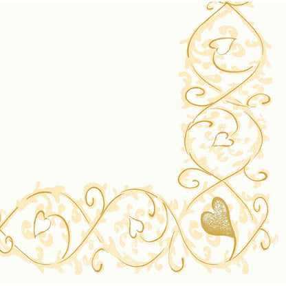 Diese elegante Eckbordüre mit goldenen Ranken und Herzformen auf weißem Grund umrahmt den unteren und rechten Rand - perfekt für Duni GmbH Dunisoft-Servietten 40 x 40 cm 1/4 Falz.