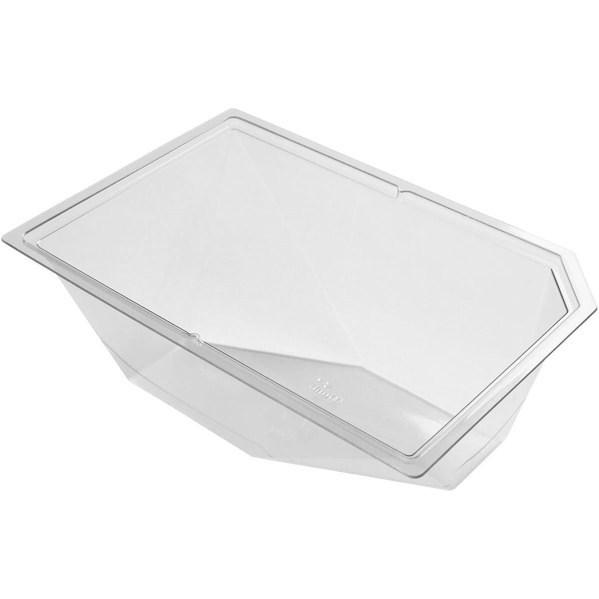En gennemsigtig skål Polardeli rPET Grand 750 ml (175x115x69 mm) fra Duni GmbH er vist skråt på en hvid baggrund. Pakken indeholder 450 styk.