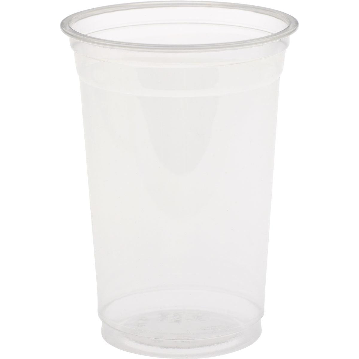 Et Duni GmbH rPET glas Crystal 300 ml gennemsigtig engangsbæger står oprejst foran en hvid baggrund. Pakken indeholder 65 stykker.