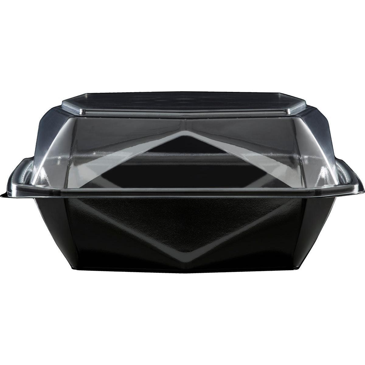 Den Octaview® M+ Sort/Transparent APET 185x185x90 Takeout-beholder fra Duni GmbH vises lukket, set forfra, på hvid baggrund - en ideel transparent emballageløsning til madpræsentation.