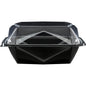 Den Octaview® M+ Sort/Transparent APET 185x185x90 Takeout-beholder fra Duni GmbH vises lukket, set forfra, på hvid baggrund - en ideel transparent emballageløsning til madpræsentation.