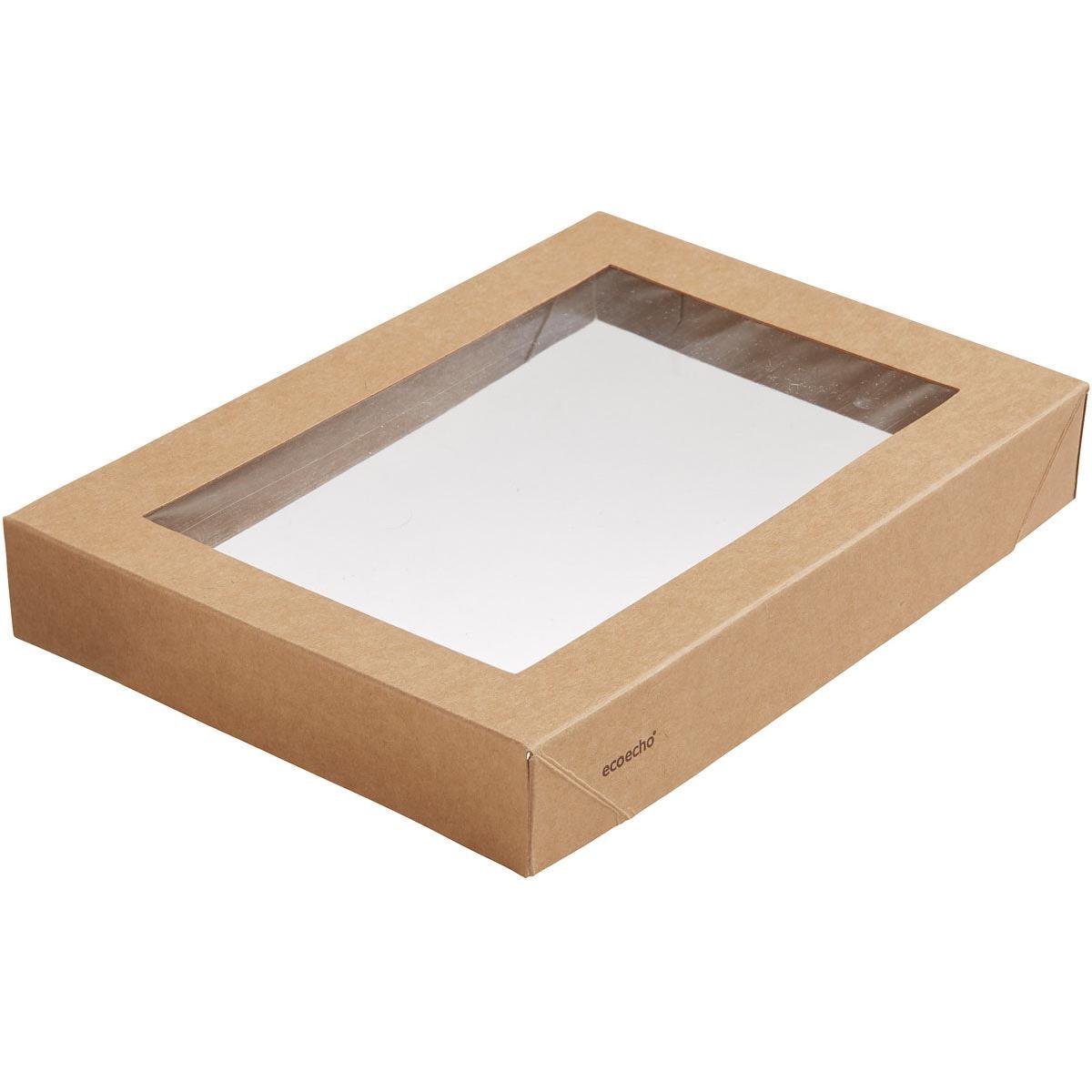 Det Viking Brick låg med PLA-vindue fra Duni GmbH er en enkel, rektangulær brun papkasse (200x140x30 mm) med et transparent PLA-vindue og en lille "ecocraft"-etiket i et hjørne; pakke med 300 stykker, biologisk nedbrydelig.