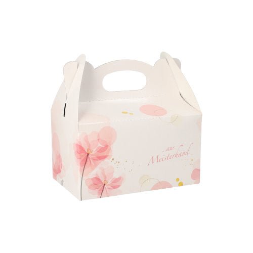 De PAPSTAR 20 kageæsker, firkantet af roséfarvet pap med bærehåndtag fra PAPSTAR GmbH, er ideelle til stilfulde gavepræsentationer - kærligt designet med blomster mønstre og gule prikker.