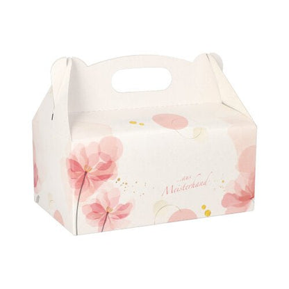 De PAPSTAR 20 kageæsker (pap, firkantet, rosé) fra PAPSTAR GmbH har et praktisk bærehåndtag og et rosa blomstermønster med gyldne accenter - ideelt til elegant præsentation af gaver på lys baggrund.