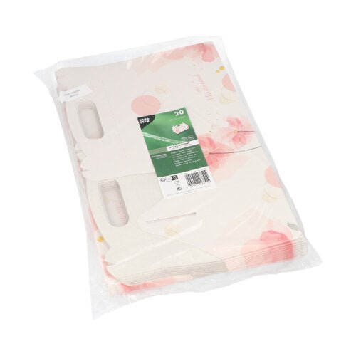 En gennemsigtig pakke indeholder 20 PAPSTAR kageæsker, firkantet rosé med bærehåndtag. De hvide æsker er trykt med rosa og ferskenfarvede blomsterdesigns og sikrer en elegant præsentation. På forsiden er der en grøn etiket fra PAPSTAR GmbH.