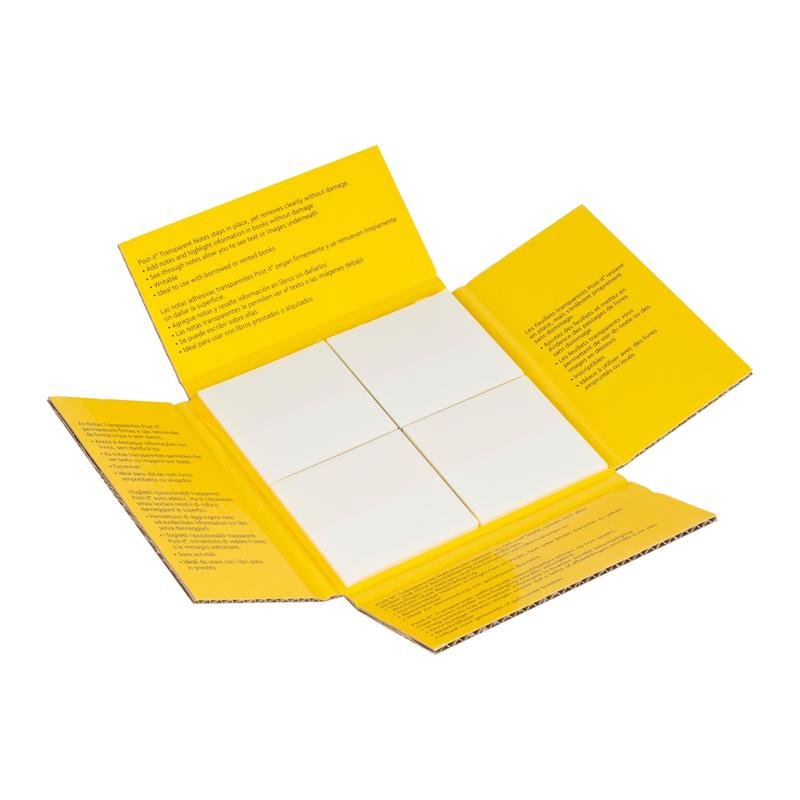 En åben gul, rektangulær mappe fra 3M Deutschland GmbH viser fire hvide blokke Post-it® Transparent Notes (73 mm x 73 mm, 36 ark/blok, 12 blokke/pakke) med sort vejledning indeni. Baggrunden er hvid.