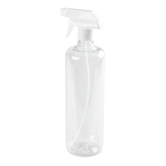 En Nölle Profi Brush sprayflaske, farvet-transparent, 960 ml lavet af plastik fra Nölle Profi Brush Børste- & Penselteknik e.K., med hvidt sprayhoved, står oprejst foran en hvid baggrund.