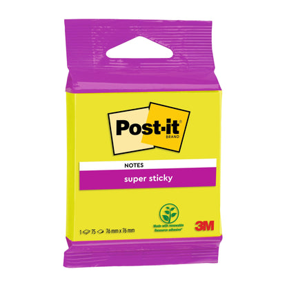 Eine Packung Post-it® Super Sticky Notes 6820S3 (76 x 76 mm, neongrün, neonpink, ultragelb, ultragrün, ultrapink), 1 Block mit 75 Blatt von 3M Deutschland GmbH. Hergestellt aus 100% PEFC-zertifiziertem Papier.