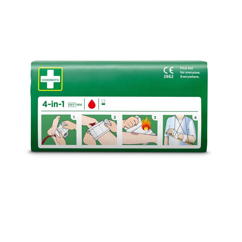 Eine grüne Cederroth 4-in-1 blutstopper Packung (1 Stück) von Orkla Wound Care AB, abgebildet mit einer illustrierten Anleitung zum Wickeln der Hand, Befestigen eines Verbandes, Behandeln von Verbrennungen und Herstellen einer Armschlinge. Abgebildet auf weißem Hintergrund.