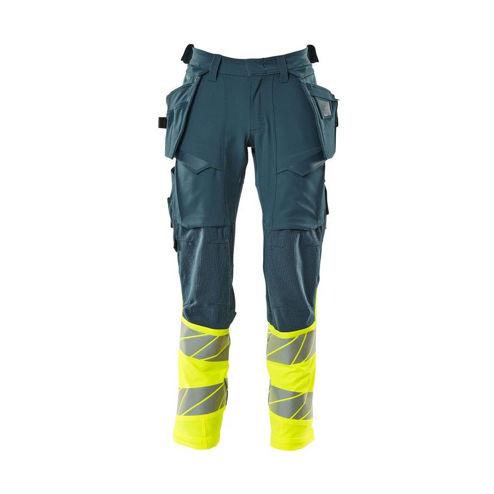 Bukser med hængelommer, ULTIMATE STRETCH bukser, mørk petroleum/hi-vis gul