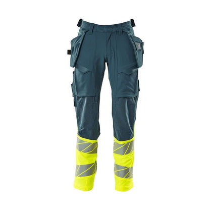 Bukser med hængelommer, ULTIMATE STRETCH bukser, mørk petroleum/hi-vis gul