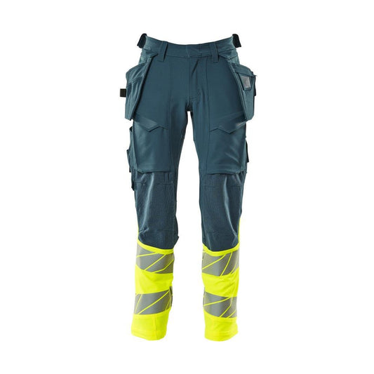 Bukser med hængelommer, ULTIMATE STRETCH bukser, mørk petroleum/hi-vis gul
