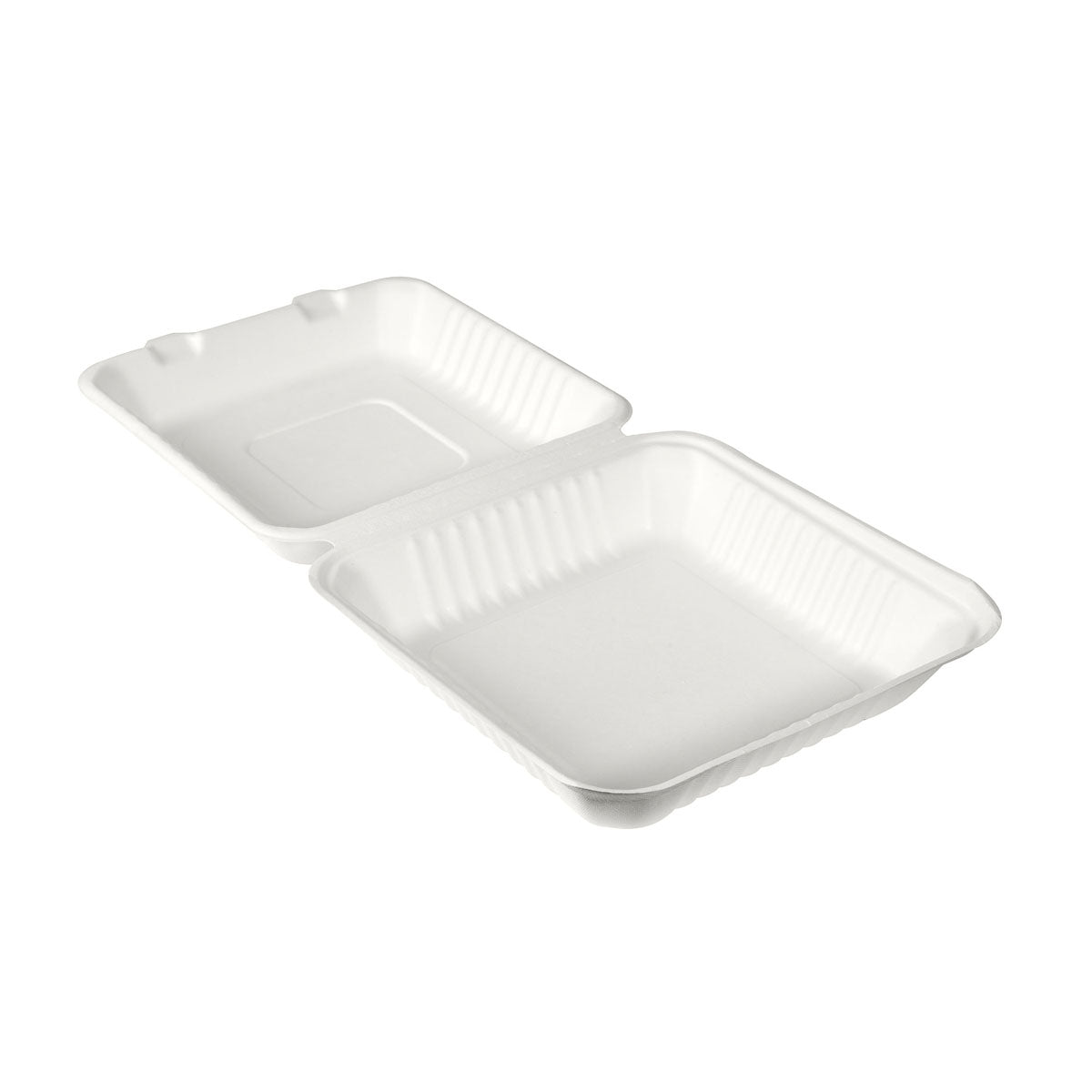 Die BioPak Menübox 1200 ml der Duni GmbH ist eine weiße, rechteckige Bagasse-Takeout-Box (236x231x81 mm) aus Faserform mit Scharnierdeckel - eine umweltfreundliche Verpackung, erhältlich in Packungen zu 50 Stück.