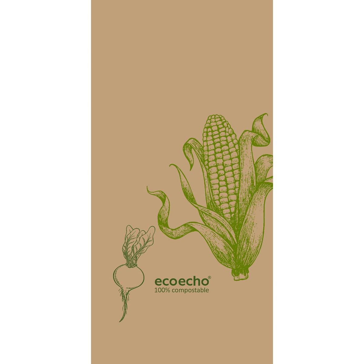 Et billede af majs og en rodfrugt på en lysebrun baggrund med "ecoecho 100% komposterbar" nedenunder fremhæver Duni GmbH's servietter i papir 40 x 40 cm, 2-lags, 1/8 bogfold Veggies, pakke (300 stykker).