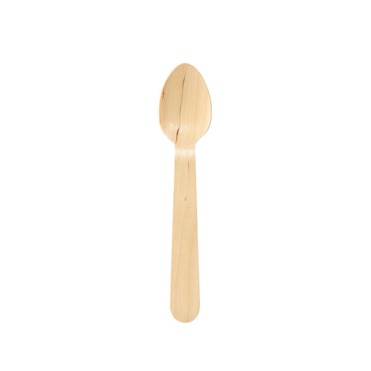 En enkeltvist vist kaffeskef 110 mm lavet af vokset træ fra Duni GmbH med naturlig finish, rund skål og fladt håndtag mod hvid baggrund. Pakken indeholder 100 stykker.