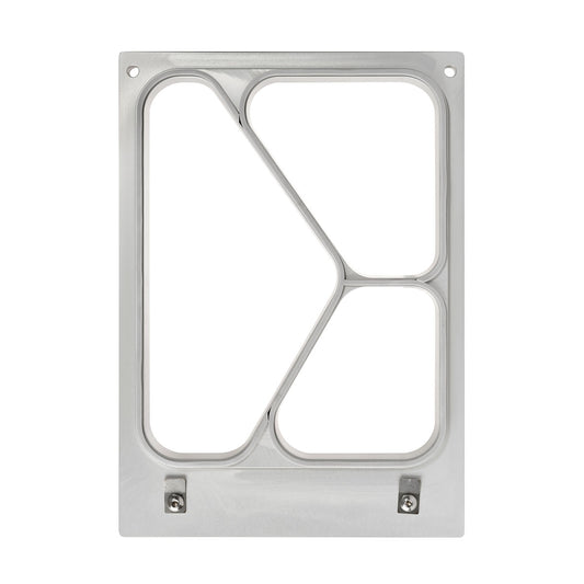 Die Kassette DF10/20 3-comp der Duni GmbH ist ein rechteckiger Metallrahmen mit abgerundeten Kanten und sich kreuzenden Stegen, konzipiert für Fibretray Caterline 500/250/190 ml, und verfügt über zwei Bodenschrauben und vier Ecklöcher zur einfachen Montage.