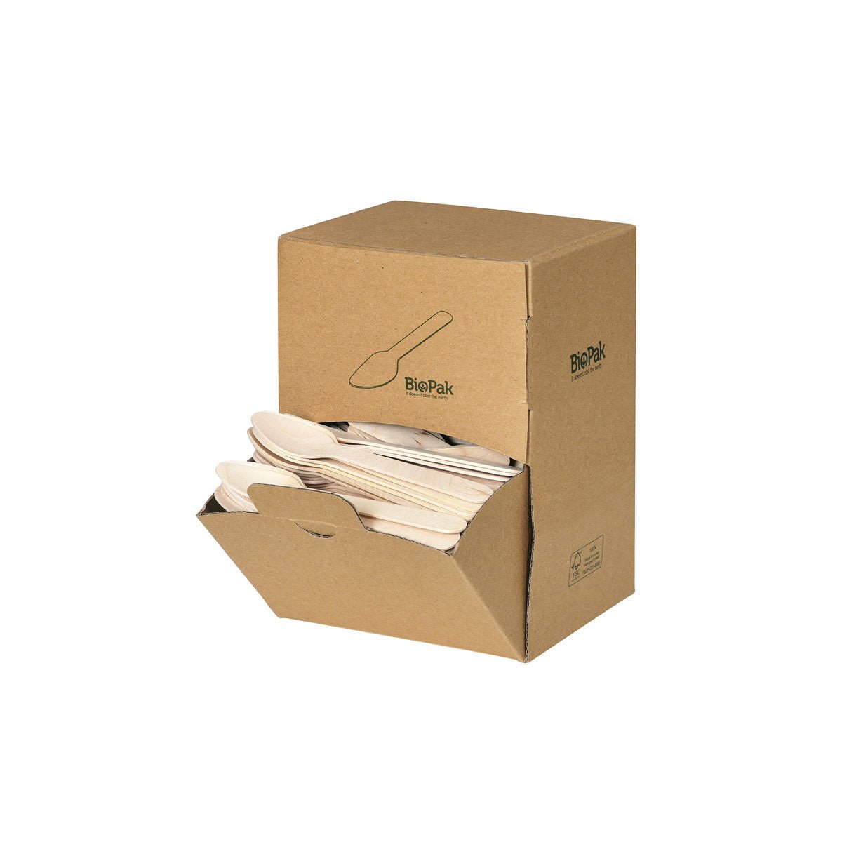 En donoræske af pap med påskriften "Duni GmbH" indeholder 400 naturligt voksede trækaffeskeer (110 mm). Forsiden er delvist åben og viser stablede biologisk nedbrydelige trækaffeskeer indeni.