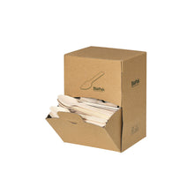 Eine Spenderbox aus Karton mit der Aufschrift "Duni GmbH" enthält 400 Natural gewachst Holz Kaffeelöffel (110 mm). Die Vorderseite ist teilweise geöffnet und zeigt gestapelte biologisch abbaubare Holzkaffeelöffel im Inneren.