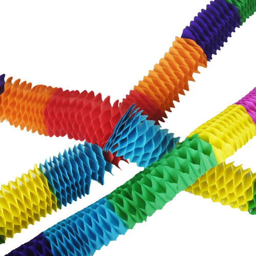 De PAPSTAR 4 guirlander fra PAPSTAR GmbH er strukturerede, harmonika-lignende papirguirlander i rød, orange, gul, grøn, blå og lilla. Diagonalt sammenflettet på hvid baggrund er de genanvendelige og giver enhver fest en festlig tone.