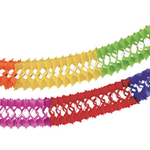 Die PAPSTAR GmbH papirguirlande "Intensive" (Ø 16 cm, 4 m, svær at antænde) viser lysende grønne, gule, orange, lilla, røde og blå segmenter i et bikagemønster - den ideelle dekoration til enhver fest.