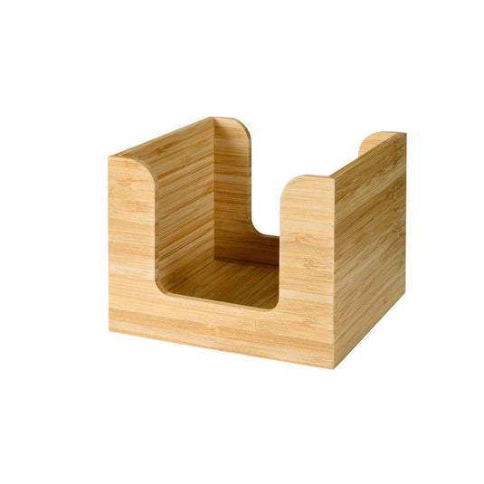 Den bambusserviettestativ 13x13 cm fra Duni GmbH er en kvadratisk servietteholder med åbne sider og en lav front. Den synlige træstruktur giver denne stilfulde, miljøvenlige bordorganisator et naturligt look - perfekt til at holde servietter inden for rækkevidde.