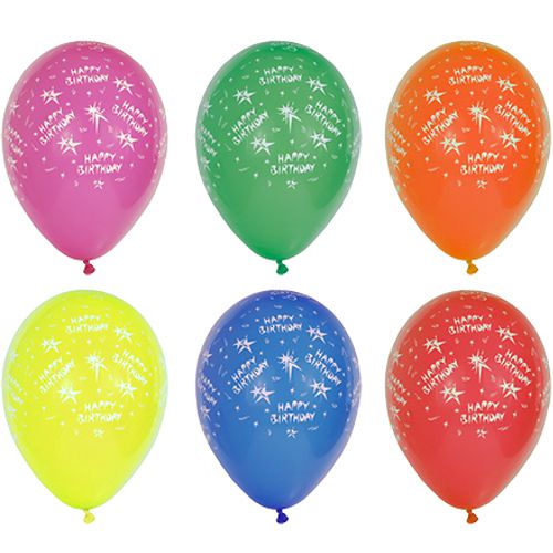 Ti sorterede PAPSTAR balloner "Happy Birthday" (Ø 29 cm) fra PAPSTAR GmbH med farverige motiver og hvid fødselsdagstekst - ideel til festdekorationen.