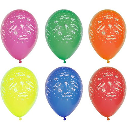 Ti sorterede PAPSTAR balloner "Happy Birthday" (Ø 29 cm) fra PAPSTAR GmbH med farverige motiver og hvid fødselsdagstekst - ideel til festdekorationen.