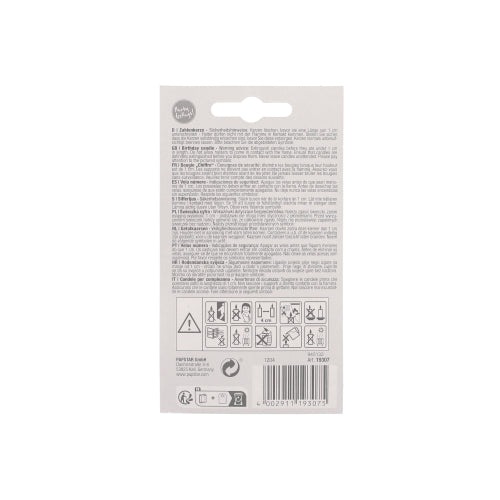 Den PAPSTAR tallys 7,3 cm hvid med rød kant fra PAPSTAR GmbH leveres i en emballage med flersprogede instruktioner, sikkerhedssymboler, stregkode, genbrugssymboler og en ophængsløkke – ideel til jubilæer og fødselsdage.