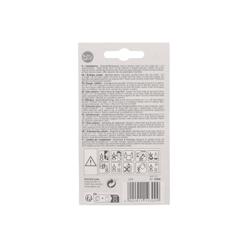 Bagsiden af PAPSTAR tallys 7,3 cm hvid med rød kant fra PAPSTAR GmbH. Flersproget tekst, sikkerhedssymboler, genbrugssymboler, stregkode. Ideel til jubilæer og fødselsdage. Indeholder brugsadvarsler og har et hul øverst til ophængning.