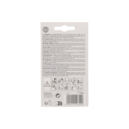 Bagsiden af PAPSTAR tallys 7,3 cm hvid med rød kant fra PAPSTAR GmbH. Flersproget tekst, sikkerhedssymboler, genbrugssymboler, stregkode. Ideel til jubilæer og fødselsdage. Indeholder brugsadvarsler og har et hul øverst til ophængning.