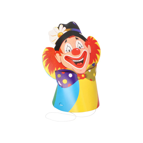 En farverig festhat i klovneform fra PAPSTAR GmbH med stor rød næse, et smil, rødt hår og prikket butterfly. Lavet af materialer af høj kvalitet med farverige designs. Inklusiv elastikbånd. Del af PAPSTAR 5-Hatte-sættet.