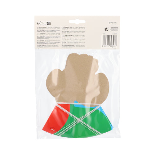 En plastikemballage fra PAPSTAR GmbH indeholder en brun, vanteformet papstander og flere flade røde, grønne og blå plastikdele i farverige designs med en hvid etiket med produktinformation, stregkode og teksten "PAPSTAR 5 Hatte".