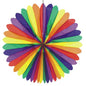 De PAPSTAR dekofaner "Rainbow" (Ø 120 cm, svær antændelig) fra PAPSTAR GmbH viser skiftevis røde, orange, gule, grønne, blå og violette sektioner i et symmetrisk, rundt design og er afbildet på hvid baggrund.