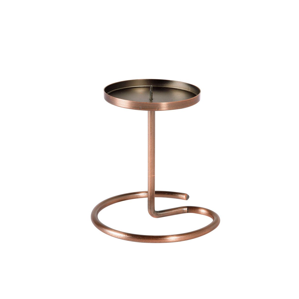 Den Swirl 100 x 100 mm rustikke metal fra Duni GmbH er et lille, rundt sidebord af metal med forhøjet kant, bronzefarvet finish og unik, rund base. Dets design med en enkelt lodret stang tilføjer charme til ethvert rum som en dekorativ accent.