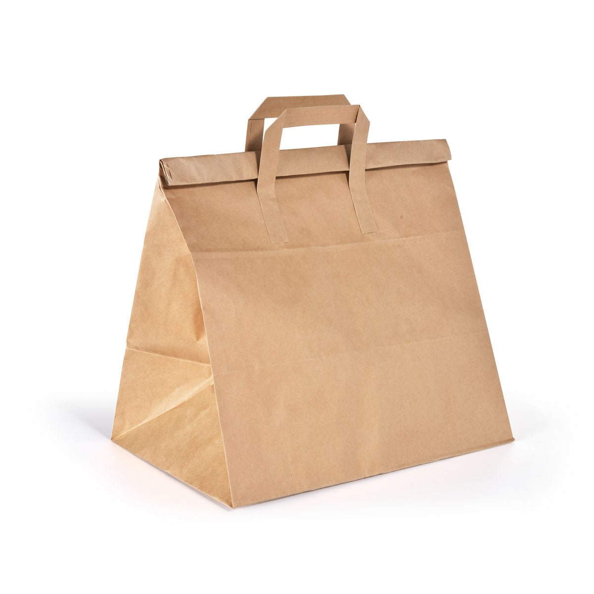 En BioPak Foldbag Large Brun Papir FSC 320x210x340 fra Duni GmbH står oprejst på hvid baggrund, med to flade håndtag og et foldet låg til en teltlignende form - ideelle, miljøvenlige papirsposer. Pakken indeholder 250 stykker.