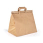 En BioPak Foldbag Large Brun Papir FSC 320x210x340 fra Duni GmbH står oprejst på hvid baggrund, med to flade håndtag og et foldet låg til en teltlignende form - ideelle, miljøvenlige papirsposer. Pakken indeholder 250 stykker.