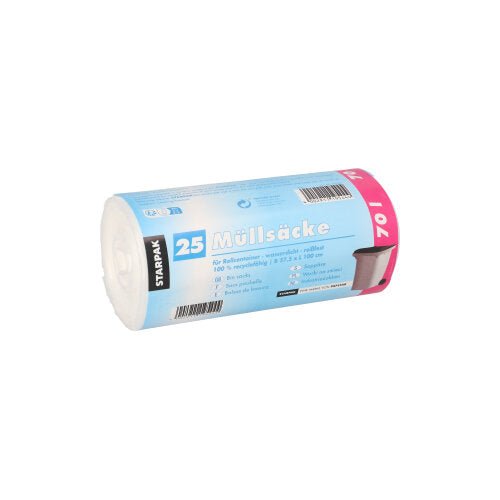 Afbildet er en rulle med 25 gennemsigtige Starpak affaldsposer (HDPE, 70l, 100x57,5cm) med tysk produktinformation på banderolen fra Starpak på hvid baggrund.