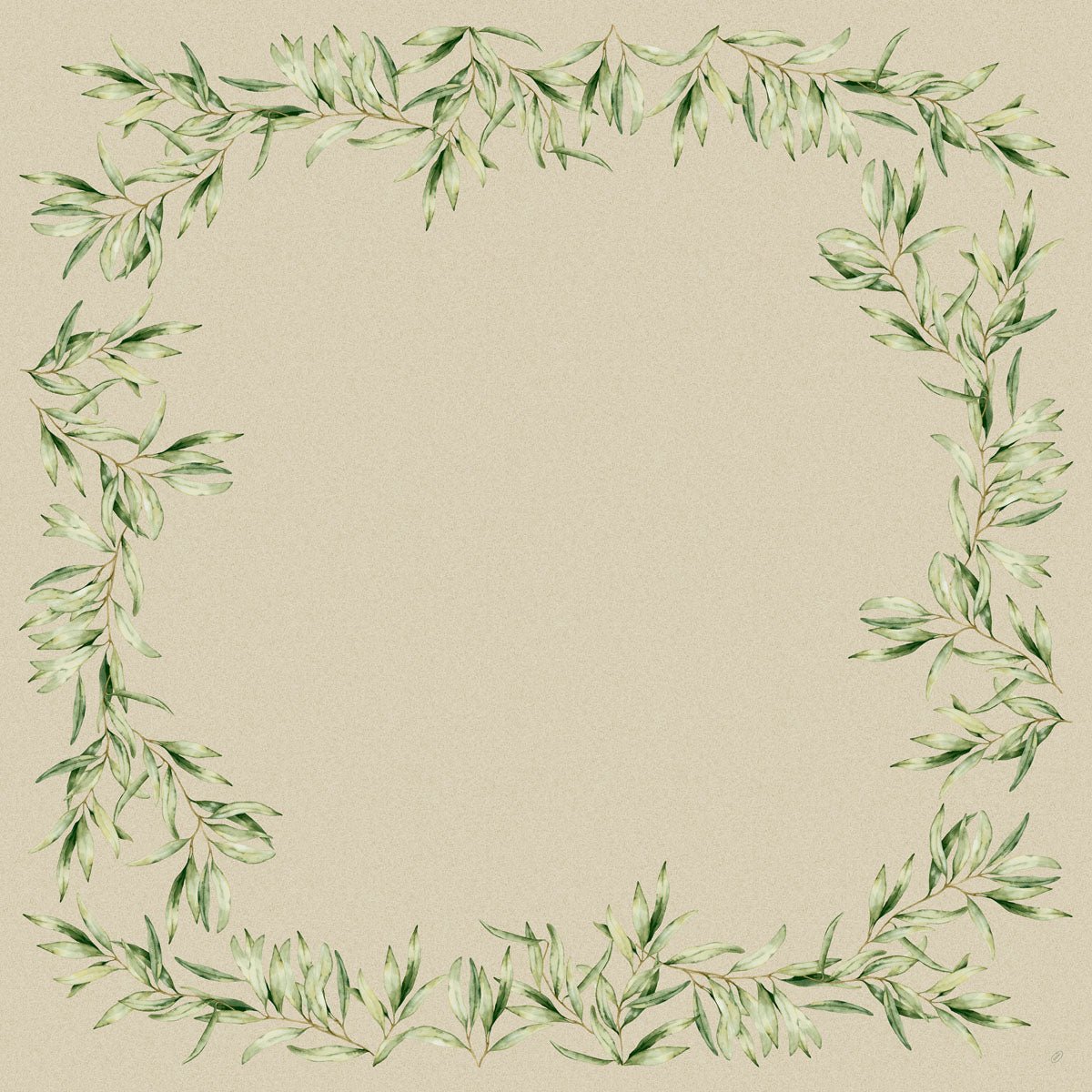 Dunicel-mellemlagene 84 x 84 cm Foliage fra Duni GmbH tilbyder en kvadratisk ramme af akvarelgrønne bladegrene og et lysebeige centrum, ideel til en elegant borddekoration. Hver pakke indeholder 20 stykker.