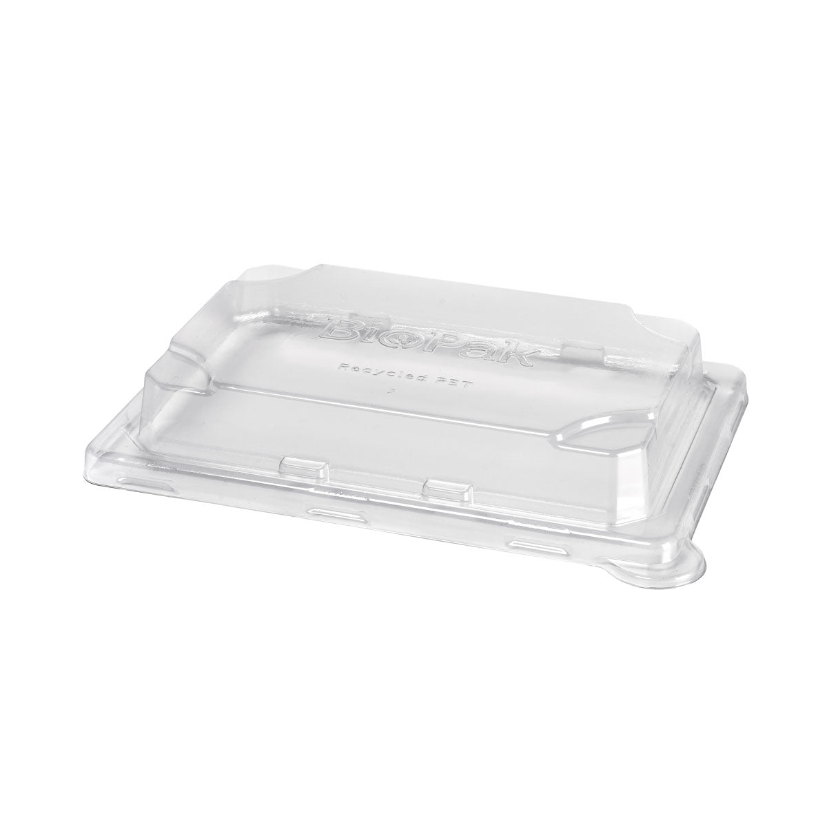 Det rPET låg Sushi small fra Duni GmbH er et gennemsigtigt, rektangulært låg (195x139x33 mm) med forhøjede kanter og en flad midte - ideelt til bæredygtige emballager. Leveres i pakker med 50 stykker.