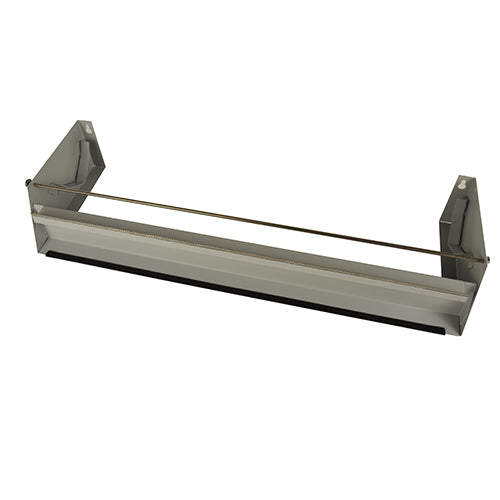 Starpak-filmseparatorenheden 1-fach til 45 cm brede stortruller er en vægdispenser lavet af metal med en horisontal skæreskinne og sidebeslag - ideel til industrielle emballageanlæg eller brug som filmseparatorenhed.