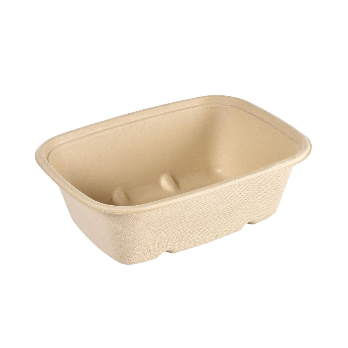 Der Bagasse Bowl CUBE RECTANGULAR der Duni GmbH ist ein unbeschichteter, brauner, biologisch abbaubarer Lebensmittelbehälter aus geformten Fasern in rechteckiger Form, der leer in einem leichten Winkel auf einem weißen Hintergrund dargestellt ist.