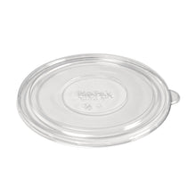 Der Deckel Karton Ronda WIDE+ rPET Transparent 900/1300 ml von Duni GmbH ist ein klarer, runder rPET-Deckel mit kleiner Lasche und "BioPak"-Prägung, der für Einweg-Lebensmittelverpackungen konzipiert ist. Abmessungen: 200x190x10 mm. Packung mit 50 Stück.