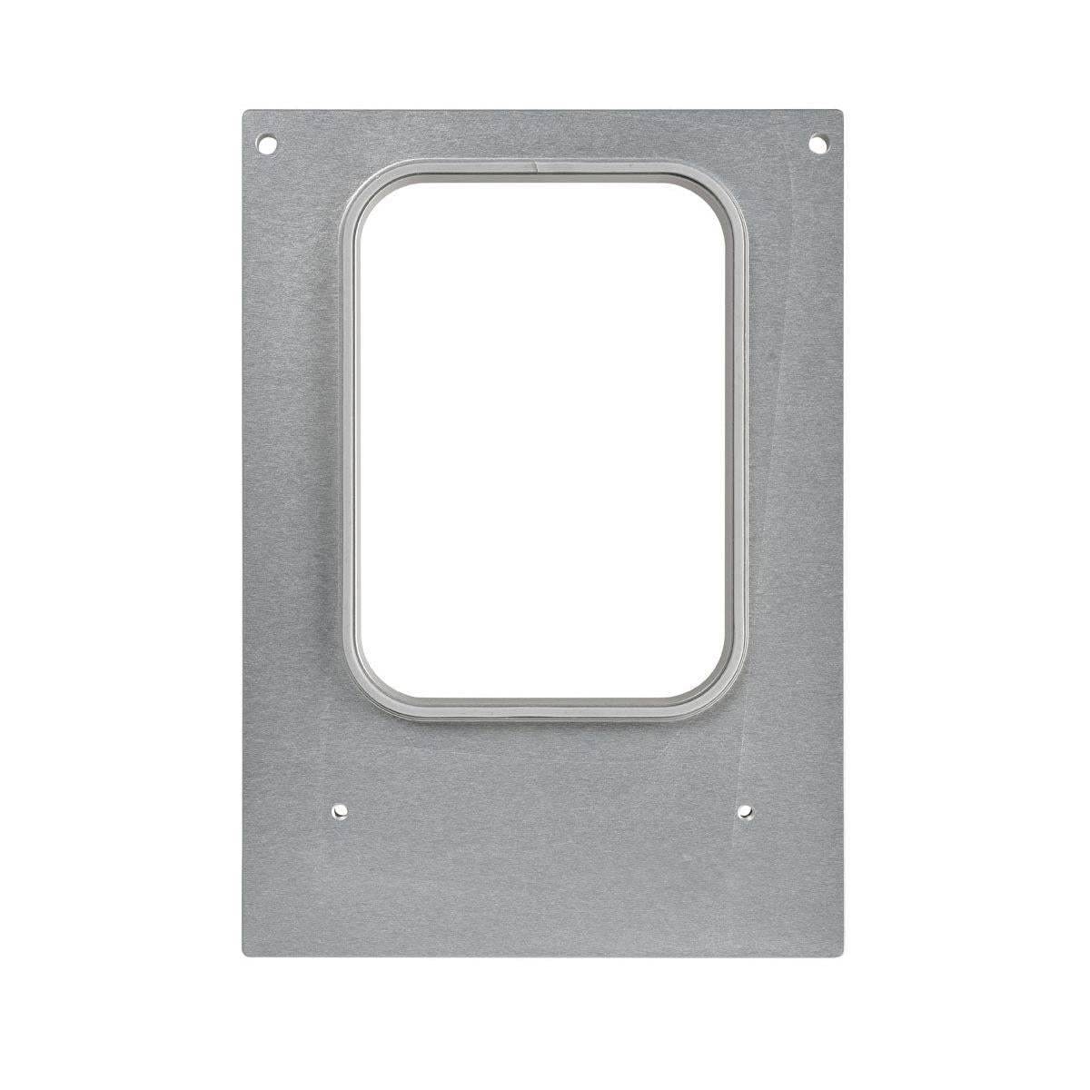 En rektangulær metalplade med et centralt, afrundet-rektangulært udsnit og fire hjørneskruehuller, der ligner dele af Duni GmbH-kassetten DF10/20 til Forum-skål 785 ml (pakke, 1 stk), fotograferet på hvid baggrund.