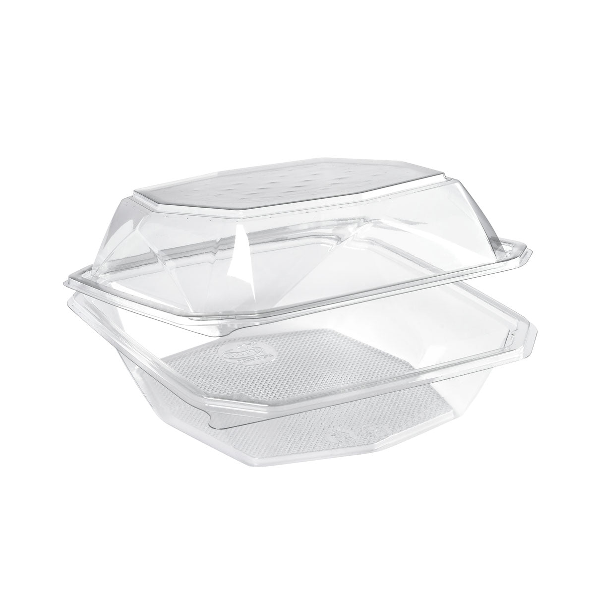 En åben rPET Octaview® M+ Transparent rPET 185x185x90 Clamshell Container fra Duni GmbH, der viser både låget og bunden; en ren, klar emballage, ideel til madvarer. Pakke (255 stykker).